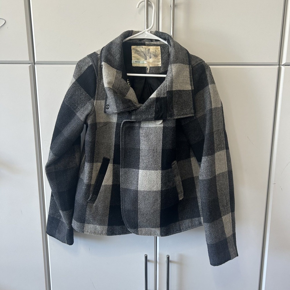 Kimchi Blue Mens Grey Black Checkered Wool Peacoat Shacket Buffalo Plaid Jacket